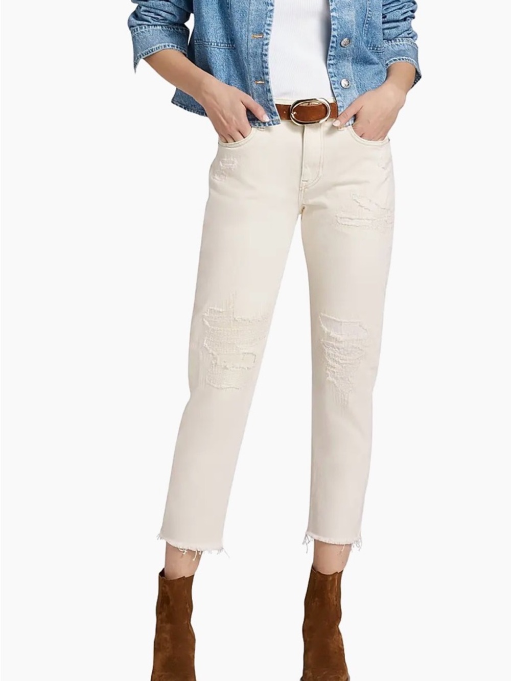 Polo Ralph Lauren Relaxed Taper Jeans in Cream Denim Patchwork Distressed 32